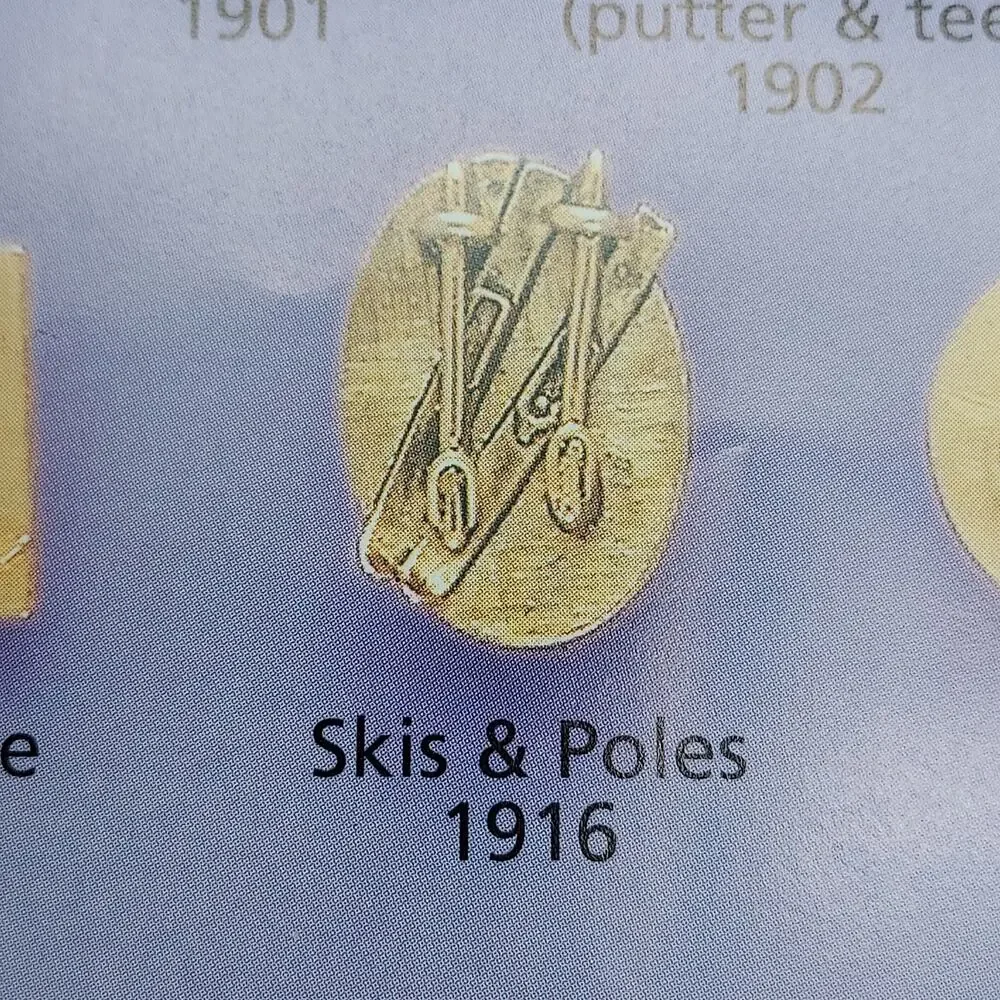 Skis and Poles Pin Skiing Skiier Brooch Hidden Loop Eye Glass Holder NOS